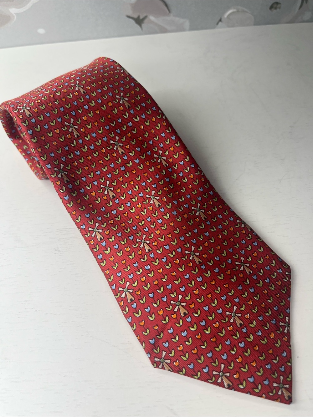 Hermes Paris Whimsical Windmill Tulip Print Silk Tie 7970 EA Made In France